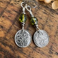 Trinity Knot, Sterling Silver Earrings, Irish Celtic, Czech Glass, Niobium Ear Wires, Hypoallergenic, Round Disc, Green Tree Witch, Druid