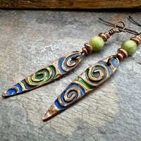 Copper Spirals Earrings, Copper Patina, Irish Celtic Jewelry, Colorful Copper, Connemara Marble, Celtic Witch Goddess, Handmade Art Jewelry