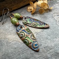Copper Spirals Earrings, Copper Patina, Irish Celtic Jewelry, Colorful Copper, Connemara Marble, Celtic Witch Goddess, Handmade Art Jewelry