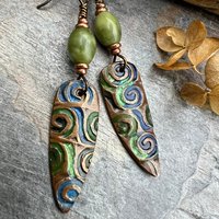 Copper Spirals Earrings, Copper Patina, Irish Celtic Jewelry, Colorful Copper, Connemara Marble, Celtic Witch Goddess, Handmade Art Jewelry