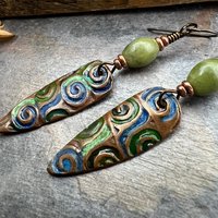 Copper Spirals Earrings, Copper Patina, Irish Celtic Jewelry, Colorful Copper, Connemara Marble, Celtic Witch Goddess, Handmade Art Jewelry