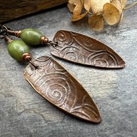 Copper Spirals Earrings, Copper Patina, Irish Celtic Jewelry, Colorful Copper, Connemara Marble, Celtic Witch Goddess, Handmade Art Jewelry