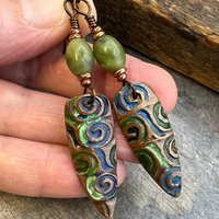 Copper Spirals Earrings, Copper Patina, Irish Celtic Jewelry, Colorful Copper, Connemara Marble, Celtic Witch Goddess, Handmade Art Jewelry
