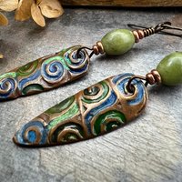 Copper Spirals Earrings, Copper Patina, Irish Celtic Jewelry, Colorful Copper, Connemara Marble, Celtic Witch Goddess, Handmade Art Jewelry