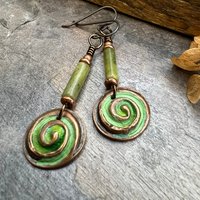 Copper Spirals Earrings, Copper Patina, Irish Celtic Jewelry, Colorful Copper, Connemara Marble, Celtic Witch Goddess, Handmade Art Jewelry
