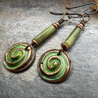 Copper Spirals Earrings, Copper Patina, Irish Celtic Jewelry, Colorful Copper, Connemara Marble, Celtic Witch Goddess, Handmade Art Jewelry