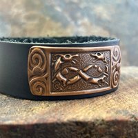 Celtic Hounds, Copper & Leather Cuff Bracelet, Irish Celtic, Unisex Jewelry, Black Leather Adjustable Cuff, Size 6.75-8, Earthy Rustic