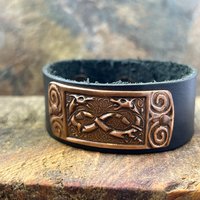 Celtic Hounds, Copper & Leather Cuff Bracelet, Irish Celtic, Unisex Jewelry, Black Leather Adjustable Cuff, Size 6.75-8, Earthy Rustic