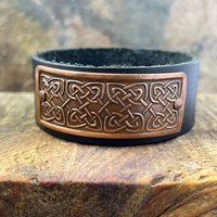 Celtic Knots, Copper & Leather Cuff Bracelet, Irish Celtic, Unisex Jewelry, Black Leather Adjustable Cuff, Size 6.75-8, Earthy Rustic
