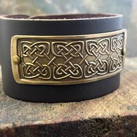 Celtic Knots, Bronze & Leather Cuff Bracelet, Irish Celtic, Unisex Jewelry, Black Leather Adjustable Cuff, Size 6.75-8, Earthy Rustic