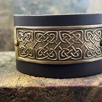 Celtic Knots, Bronze & Leather Cuff Bracelet, Irish Celtic, Unisex Jewelry, Black Leather Adjustable Cuff, Size 6.75-8, Earthy Rustic