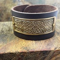 Celtic Knots, Bronze & Leather Cuff Bracelet, Irish Celtic, Unisex Jewelry, Black Leather Adjustable Cuff, Size 6.75-8, Earthy Rustic