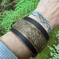 Celtic Knots, Bronze & Leather Cuff Bracelet, Irish Celtic, Unisex Jewelry, Black Leather Adjustable Cuff, Size 6.75-8, Earthy Rustic