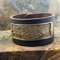 Celtic Knots, Bronze & Leather Cuff Bracelet, Irish Celtic, Unisex Jewelry, Black Leather Adjustable Cuff, Size 6.75-8, Earthy Rustic