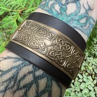Celtic Knots, Bronze & Leather Cuff Bracelet, Irish Celtic, Unisex Jewelry, Black Leather Adjustable Cuff, Size 6.75-8, Earthy Rustic