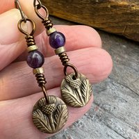 Scottish Thistle Earrings, Outlander Highlander, Scotland Gifts, Amethyst Beads, Wax Seal Jewelry, Small Disc Earrings, Every day Jewelry