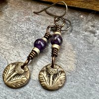 Scottish Thistle Earrings, Outlander Highlander, Scotland Gifts, Amethyst Beads, Wax Seal Jewelry, Small Disc Earrings, Every day Jewelry