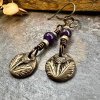 Scottish Thistle Earrings, Outlander Highlander, Scotland Gifts, Amethyst Beads, Wax Seal Jewelry, Small Disc Earrings, Every day Jewelry