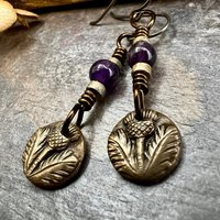 Scottish Thistle Earrings, Outlander Highlander, Scotland Gifts, Amethyst Beads, Wax Seal Jewelry, Small Disc Earrings, Every day Jewelry