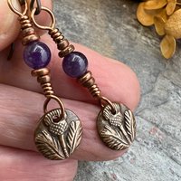 Scottish Thistle Earrings, Outlander Gifts, Copper Anniversary, Thistle of Scotland, Amethyst, Wax Seal Charm, Highlander, Disc Earrings