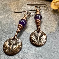 Scottish Thistle Earrings, Outlander Gifts, Copper Anniversary, Thistle of Scotland, Amethyst, Wax Seal Charm, Highlander, Disc Earrings