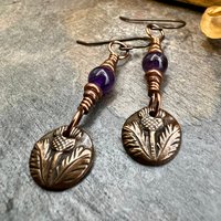Scottish Thistle Earrings, Outlander Gifts, Copper Anniversary, Thistle of Scotland, Amethyst, Wax Seal Charm, Highlander, Disc Earrings