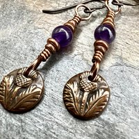 Scottish Thistle Earrings, Outlander Gifts, Copper Anniversary, Thistle of Scotland, Amethyst, Wax Seal Charm, Highlander, Disc Earrings