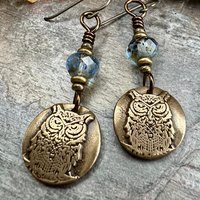 Bronze Owl Earrings, Earthy Witch Jewelry, Faceted Czech Glass Beads, Hypoallergenic Ear Wires, Light Dangle Earrings, Handmade Art Jewelry