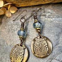 Bronze Owl Earrings, Earthy Witch Jewelry, Faceted Czech Glass Beads, Hypoallergenic Ear Wires, Light Dangle Earrings, Handmade Art Jewelry