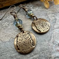 Bronze Owl Earrings, Earthy Witch Jewelry, Faceted Czech Glass Beads, Hypoallergenic Ear Wires, Light Dangle Earrings, Handmade Art Jewelry