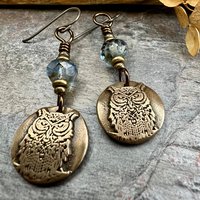 Bronze Owl Earrings, Earthy Witch Jewelry, Faceted Czech Glass Beads, Hypoallergenic Ear Wires, Light Dangle Earrings, Handmade Art Jewelry