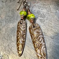 Celtic Spiral Earrings, Copper Shield, Irish Celtic Spirals, Statement Dangle Earrings, Hypoallergenic Ear Wires, Green Czech Glass, Goddess