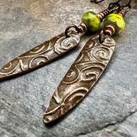 Celtic Spiral Earrings, Copper Shield, Irish Celtic Spirals, Statement Dangle Earrings, Hypoallergenic Ear Wires, Green Czech Glass, Goddess