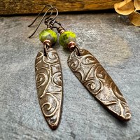 Celtic Spiral Earrings, Copper Shield, Irish Celtic Spirals, Statement Dangle Earrings, Hypoallergenic Ear Wires, Green Czech Glass, Goddess