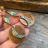 Crescent Moon, Copper Disc Earrings, Czech Glass Beads, Copper & Blue, Crescent Moon, Luna Goddess, Celtic Witch, Pagan Wicca, Moon Lover