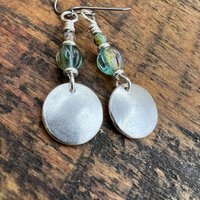 Sterling Silver Disc Earrings, Brushed Silver, Spirals, Blue Czech Glass, Niobium Ear Wires, Hypoallergenic, Concave Disc Earrings, Handmade