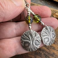 Tree of Life, Sterling Silver Earrings, Tree Branches, Czech Glass, Niobium Ear Wires, Hypoallergenic, Round Disc, Green Tree Witch, Druid