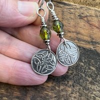 Trinity Knot, Sterling Silver Earrings, Irish Celtic, Czech Glass, Niobium Ear Wires, Hypoallergenic, Round Disc, Green Tree Witch, Druid