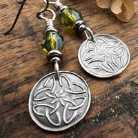 Trinity Knot, Sterling Silver Earrings, Irish Celtic, Czech Glass, Niobium Ear Wires, Hypoallergenic, Round Disc, Green Tree Witch, Druid