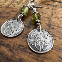 Trinity Knot, Sterling Silver Earrings, Irish Celtic, Czech Glass, Niobium Ear Wires, Hypoallergenic, Round Disc, Green Tree Witch, Druid