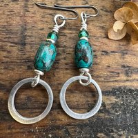 Sterling Silver & Turquoise, Hoop Earrings, Light Everyday Earrings, Hypoallergenic, Niobium Ear Wires, Earthy Rustic Jewelry