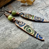 Copper Spirals Earrings, Copper Patina, Irish Celtic Jewelry, Colorful Copper, Connemara Marble, Celtic Witch Goddess, Handmade Art Jewelry