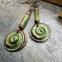 Copper Spirals Earrings, Copper Patina, Irish Celtic Jewelry, Colorful Copper, Connemara Marble, Celtic Witch Goddess, Handmade Art Jewelry