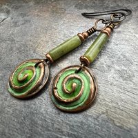 Copper Spirals Earrings, Copper Patina, Irish Celtic Jewelry, Colorful Copper, Connemara Marble, Celtic Witch Goddess, Handmade Art Jewelry