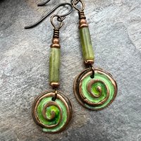 Copper Spirals Earrings, Copper Patina, Irish Celtic Jewelry, Colorful Copper, Connemara Marble, Celtic Witch Goddess, Handmade Art Jewelry