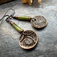 Copper Spirals Earrings, Copper Patina, Irish Celtic Jewelry, Colorful Copper, Connemara Marble, Celtic Witch Goddess, Handmade Art Jewelry