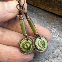 Copper Spirals Earrings, Copper Patina, Irish Celtic Jewelry, Colorful Copper, Connemara Marble, Celtic Witch Goddess, Handmade Art Jewelry