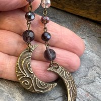 Crescent Moon Bronze Earrings, Purple Crystal Beads, Celtic Moon Goddess, Long Beaded Moon Earrings, Hypoallergenic, Pagan Wicca Art