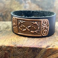 Celtic Hounds, Copper & Leather Cuff Bracelet, Irish Celtic, Unisex Jewelry, Black Leather Adjustable Cuff, Size 6.75-8, Earthy Rustic