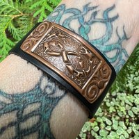 Celtic Hounds, Copper & Leather Cuff Bracelet, Irish Celtic, Unisex Jewelry, Black Leather Adjustable Cuff, Size 6.75-8, Earthy Rustic